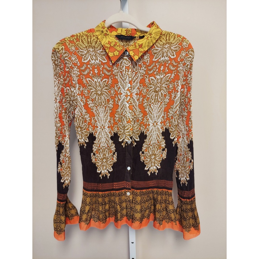 Womens Plisse Pleated Paisley Blouse Ruffle Hem Size 16 Bohemian Eclectic
